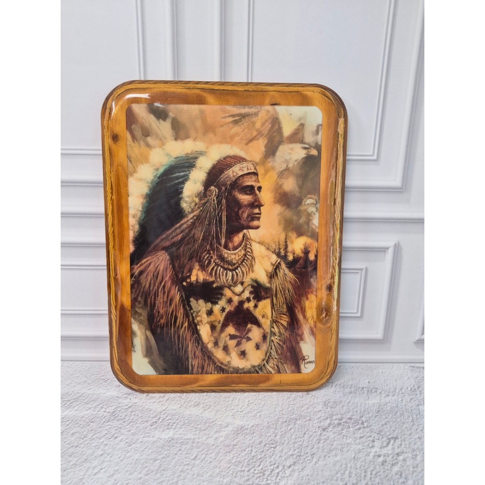 Vintage Ruane Native American Chief Wood Plaque Glossy Decoupage Wall Art 8x10.5
